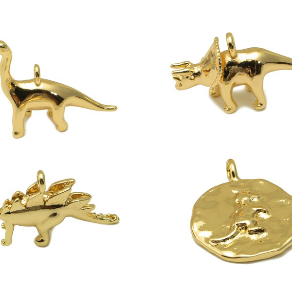 Gold Dinosaur Figures, Brass Round Hammered Triceratops Earring Charms, Gold Animal Brachiosaurus Pendant, For Necklace,18K Real Gold Plated