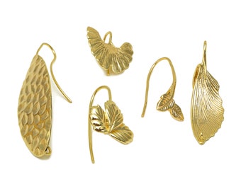 Gold Leaf Earring Wires, Brass Leaf Earring Wire, Textured Leaves Earring Hooks With Loop, Leaf Earring Hooks, 18K Real Gold Plated DIY