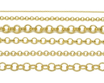 Chaîne Rolo en or, chaîne de câble ronde, chaîne à maillons ovales texturés en laiton, chaîne à double cercles en fer doré, chaîne plaquée or véritable 18 carats, bricolage