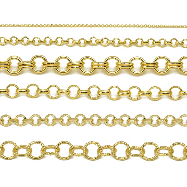 Cadena Rolo de oro, cadena de cable redondo, cadena de eslabones ovalados con textura de latón, cadena de círculos dobles de hierro dorado, cadena chapada en oro real de 18 quilates, bricolaje