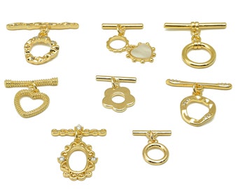 18K Gold Toggle Clasps, Brass Shell Wave Toggle Set , CZ Heart Flower Toggle Clasp , Tone Clover Toggle Set , Hammered Circle Bracelet Clasp