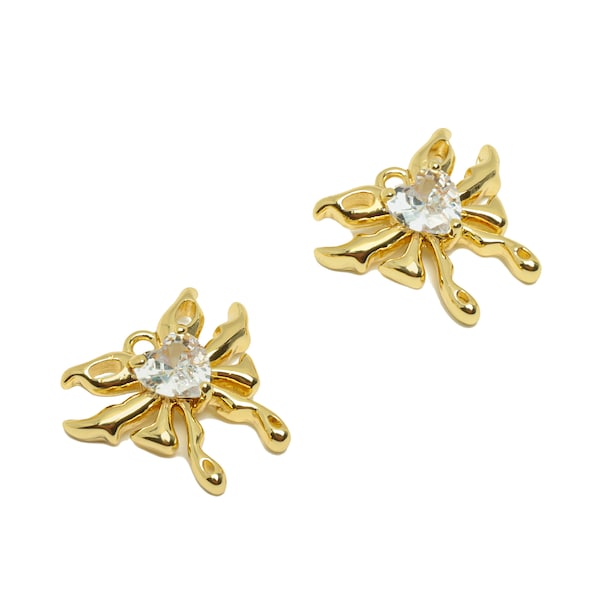Gold Butterfly Charms, Brass Animal Butterfly Earring Charms, CZ Textured Animal Pendant With Loop, For Necklace, 13.68mm x 15.46mm x 3.56mm