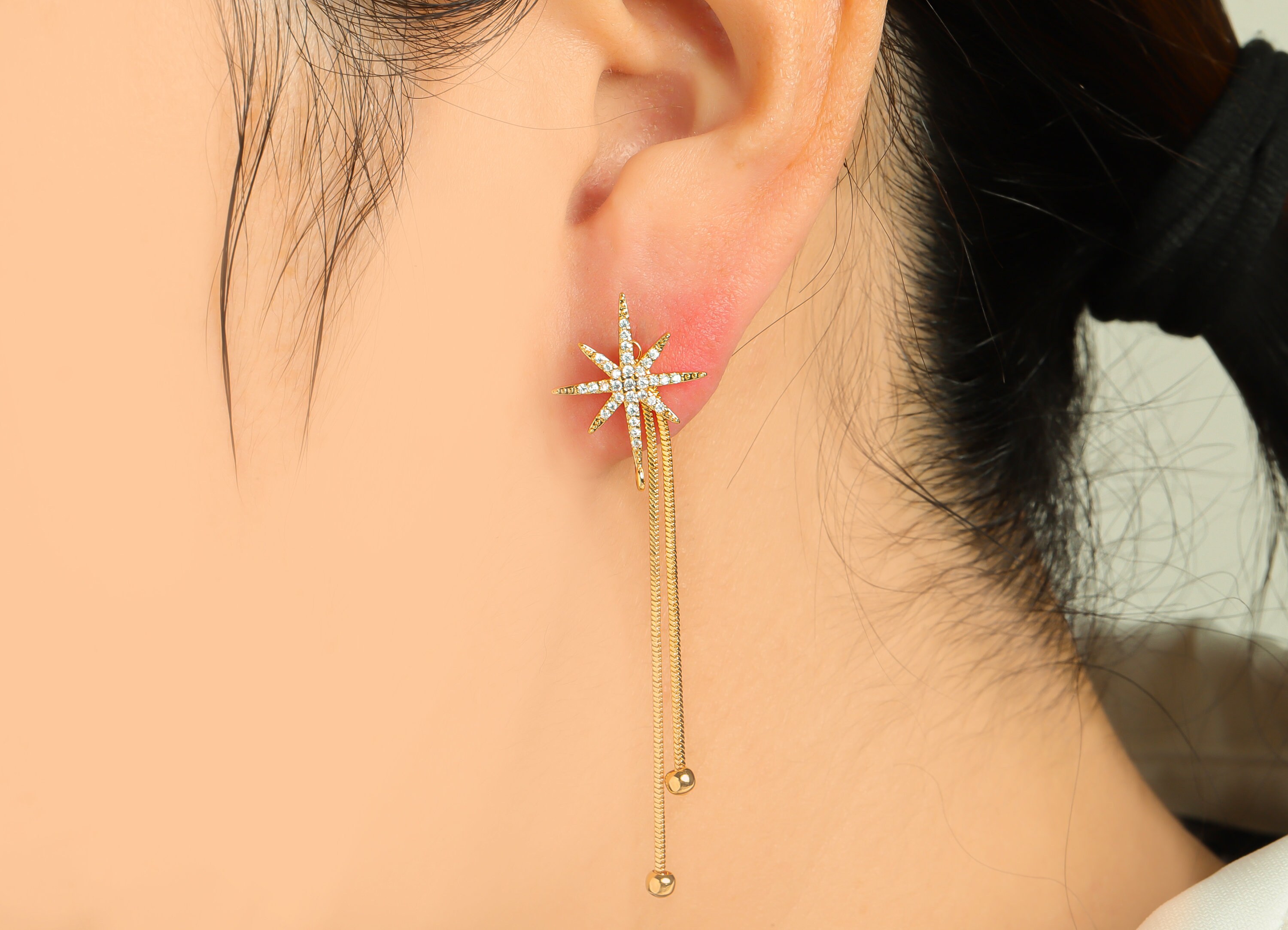 Star Tassel Chain Earring Stud Gold North Star Tassel Chain Earring Post Brass CZ Star Snake Chain Earring 18K Real Gold Plated GD9279 Etsy Australia