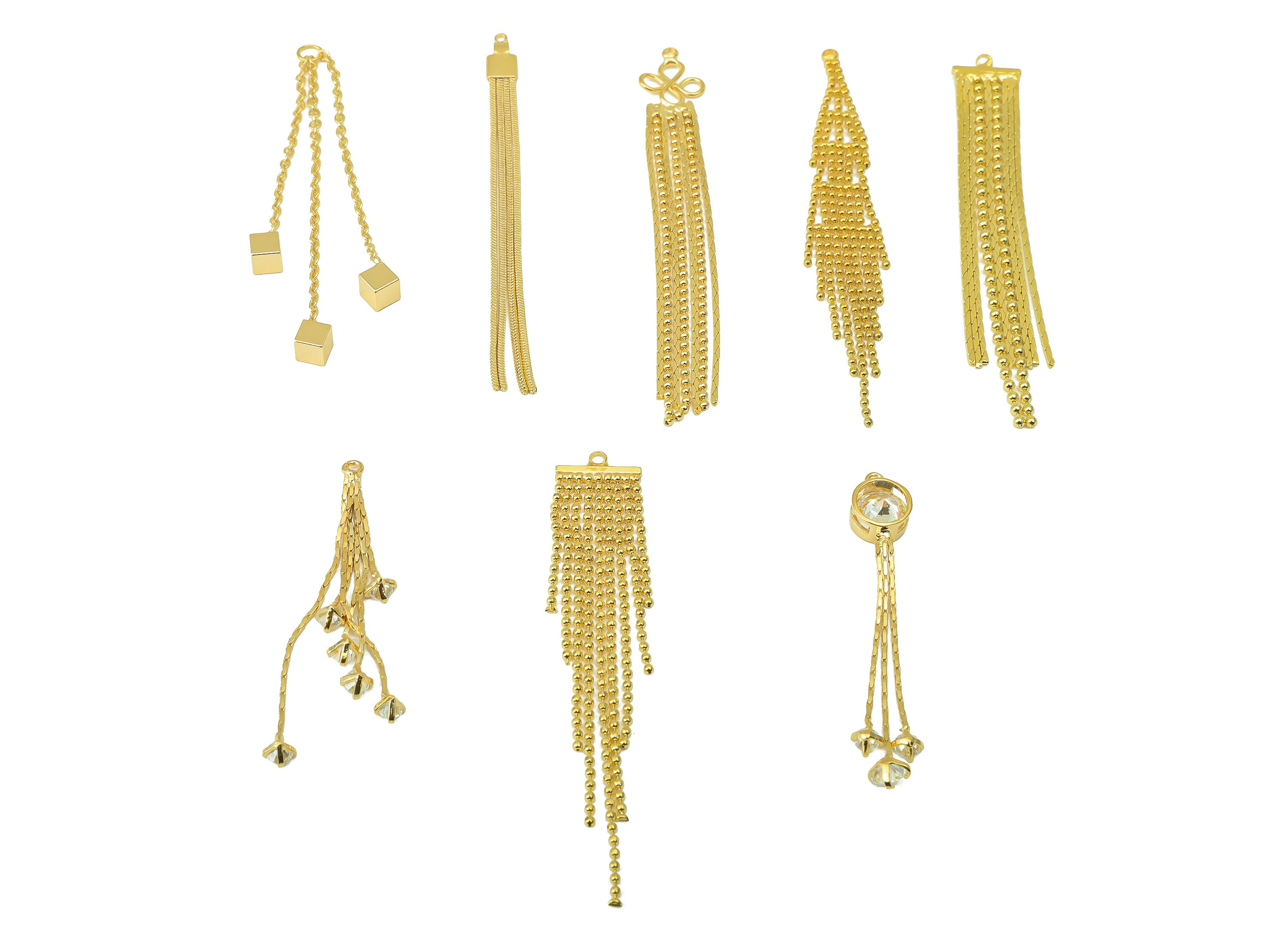 18K Gold Tassel , Brass Ball Chain Earring Charms , CZ Fringe Tassel