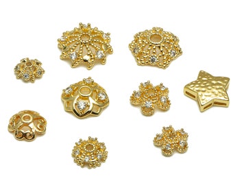 Flower End Caps, Brass Mini Bead End Caps, Gold Cubic Zircon Spacer Bead Caps, Round Flower Cap Ends For Bracelet, 18K Real Gold Plated DIY