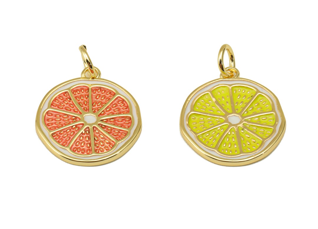 Gold Enamel Charms, Brass Lemon Slices Earring Charms, Round Enamel