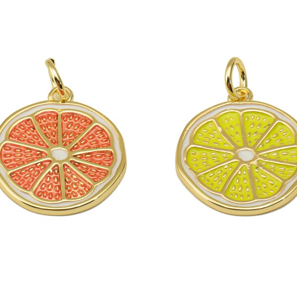 Gold Enamel Charms,  Brass Lemon Slices Earring Charms, Round Enamel Grapefruit Pendants With Loop, For Necklace, 18K Real Gold Brass DIY