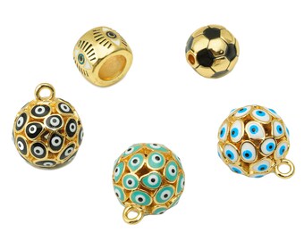 Pendentif oeil de boule d'or, boucle d'oreille de boule d'oeil maléfique d'émail en laiton, perles d'espacement d'oeil d'or, perles rondes de football, perles de cercle de cil d'émail DIY