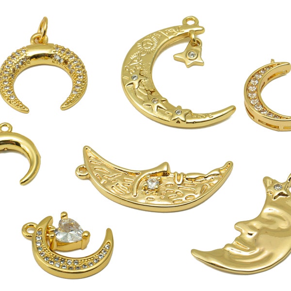 18K Gold Crescent Charm, Brass Heart Diamond For Bracelet, CZ Moon Happy Face Earring Charms, Moon Smile Face Star Pendant With Loop, DIY