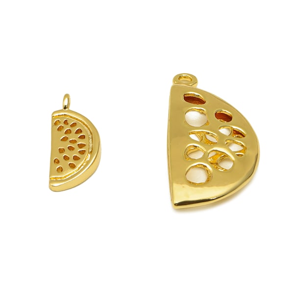 Gold Watermelon Charms, Brass Half Round Earring Charms, Piece Of Watermelon Pendant With Loop, For Necklace, 18K Real Gold Plated DIY