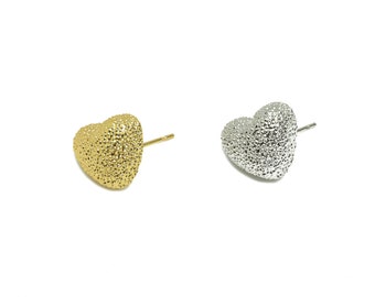 Heart Earring Studs, Gold Textured Love Heart Earring Post, Brass Textured Minimalist Heart Earring Stud, 18K Real Gold Plated DIY