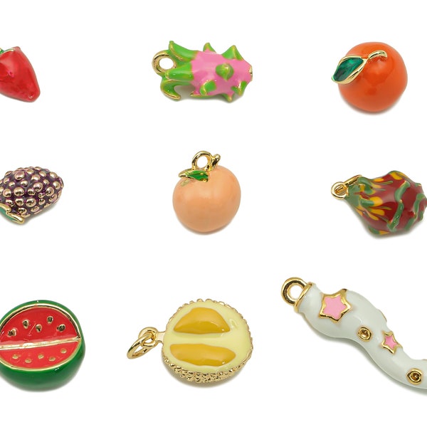 Enamel Fruit Charms , Peach Enamel Pendant , 18K Gold Plated Brass Pendants , Fruit Figure Charms , DIY Jewelry Making Charms ,