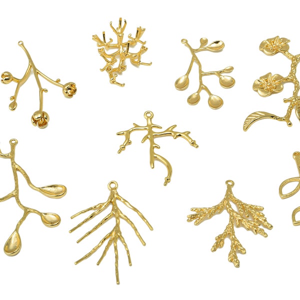 Gold Branch Charms , Brass Flower Figuer Charms , Branch Figuer Charm With Loop , Botanical Earring Charm , 18K Real Gold Plating DIY