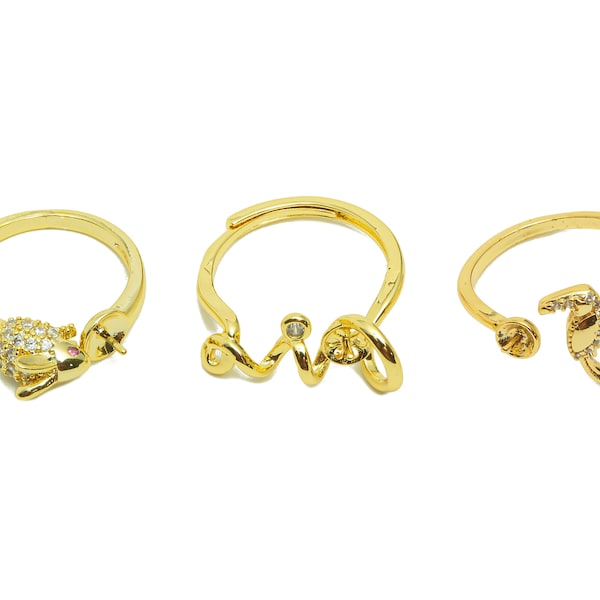 Gold Animals Rings, Brass Love Snake Rings, CZ Rabbit Parrot Open Hoop Rings, Adjustable Rings Setting For Pearl, 18K Real Gold Plating DIY