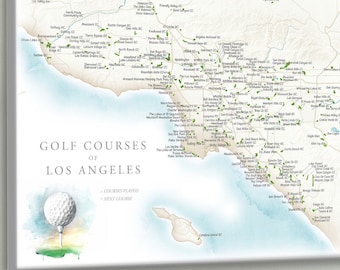 Map of Los Angeles Golf Courses, LA Golfing Print, PinMap of California Golf & Country Clubs, Gift for Golfer Artwork, Canvas, Wall Print