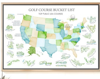USA Map of Top Public Golf Courses, Add a Name for a Personalized Golf Gift, Wall Art Poster, Push Pin Map, Ultimate Bucket List for Golfer