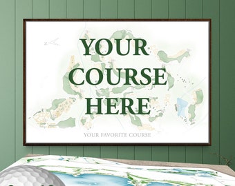 Custom Golf Course Map Print or Canvas.  Personalized Golf Gift for Golfers Favorite Course as Wall Art, with numbered holes, bunkers, water