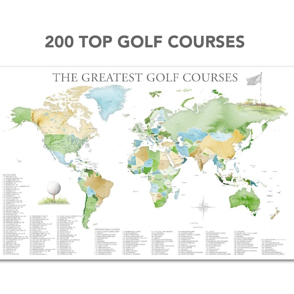Top Golf Courses World Map, Best Golf in USA and Countries, Ultimate Gift for Golfer, Wall Art Print or Golf Quest Push Pin Map Canvas Art