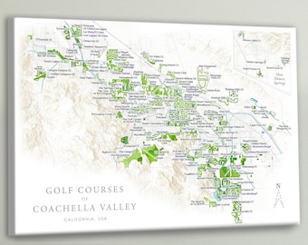 Detailed Map of Golf Courses in Palm Springs & Coachella, Indian Wells / La Quinta / Indio Artwork Gift for Golfer Country Club Push Pin Map