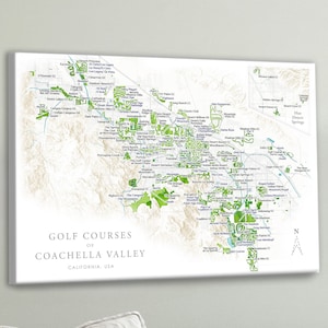 May include: A map of golf courses in the Coachella Valley, California, USA. The map is printed on a white background with green and brown accents. The map shows the location of golf courses in the Coachella Valley, including the names of the courses and their locations.