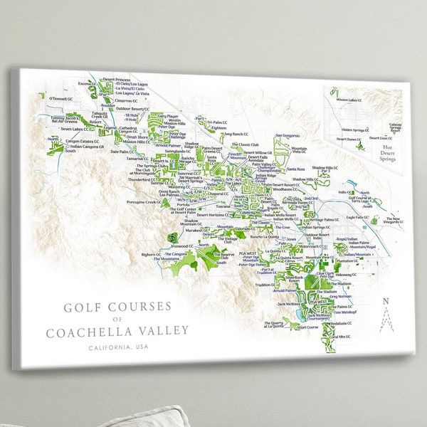 Detailed Map of Golf Courses in Palm Springs & Coachella, Indian Wells / La Quinta / Indio Artwork Gift for Golfer Country Club Push Pin Map