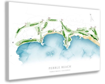 Pebble Beach Golf Course Map, Watercolor Style Golf Layout of Course, Pebble Beach Course View,California Golf Beach Art Canvas, Golfer Gift