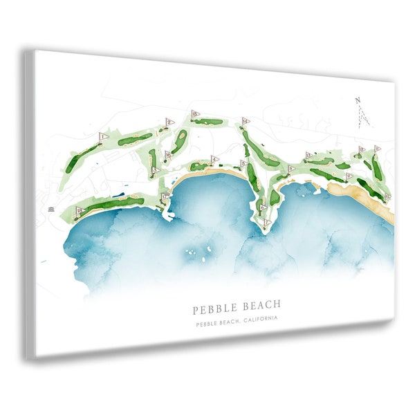 Pebble Beach Golf Course Map, Watercolor Style Golf Layout of Course, Pebble Beach Course View,California Golf Beach Art Canvas, Golfer Gift