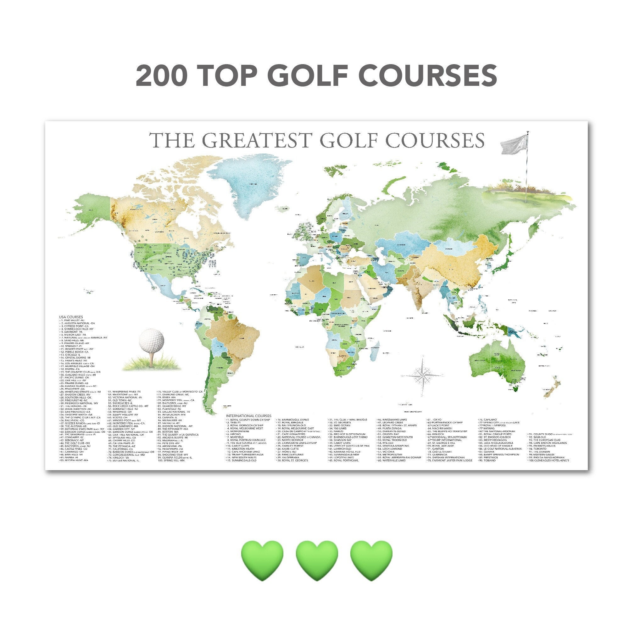 Top Golf Courses World Map, Best Golf in USA and Countries, Ultimate Gift for Golfer, Wall Art Print or Golf Quest Push Pin Map Canvas Art