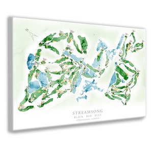 May include: A watercolor painting of a golf course map called Streamsong, Black, Red, Blue. Streamsong, Florida.