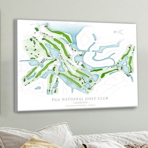 May include: A watercolor illustration of the PGA National Golf Club Champion course in Palm Beach Gardens, Florida. The illustration shows the layout of the golf course with green fairways, blue water hazards, and white sand bunkers.