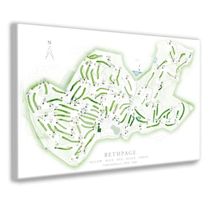 May include: A map of Bethpage Black Golf Course in Farmingdale, New York. The map shows the layout of the course with numbered holes and green areas. The colors used on the map are yellow, blue, red, black, and green.
