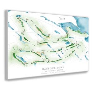 May include: A watercolor illustration of a golf course map. The map shows the layout of the Harbour Town Golf Links at The Sea Pines Resort in Hilton Head Island, South Carolina.