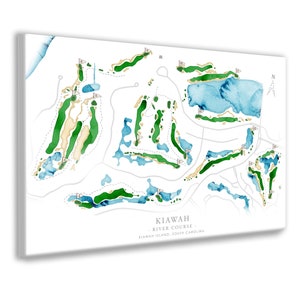 May include: Watercolor-style golf course map of the Kiawah River Course, featuring green fairways, blue water hazards, and tan sand traps. The map includes the course layout with flag markers and the text "KIAWAH - RIVER COURSE - KIAWAH ISLAND, SOUTH CAROLINA."