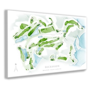 Secession Golf Course Map, SC Golf Club Layout Print, Framed Canvas Office Art, Warercolor Golf Wall Map of Course, Golfer Gift for Couple