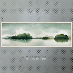 Mountain Panoramic Green Lake Watercolor Printable. Large Watercolour Forest Reflection Panorama. Large Lake Painting. Landscape Printable