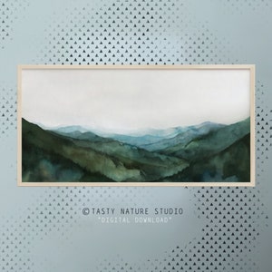Misty Panoramic Blue Green Mountain Valley Watercolour Printable. Misty Rolling Hills Watercolor Landscape Painting. Extra Large Panorama