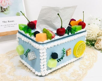 Cream glue cake tissue box cover,custom fake fruit cake decoration napkin box cake jewelry box,decoden tissue box holdera,birthday gift idea