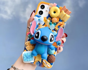 Blue alien dog 3d cartoon cream case with chain,iPhone 15 14 13 Pro Max,Samsung Z Flip 5 Fold 5 S23 S24 Ultra Case,Google Pixel 7 8 Pro Case