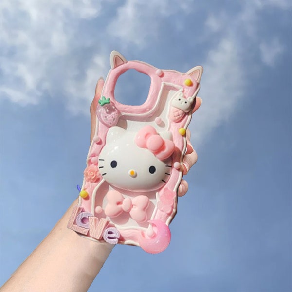 Cartoon Mirror Cream Glue Phone Case With Chain,iPhone 15 14 13 Pro Max,Samsung Z Flip 5 Fold 5 S23 S24 Ultra Case,Google Pixel 7 8 Pro Case