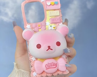 Lovely pink bear slow rebound decompression phone case, iPhone 15 14 Pro Max case,Samsung S23 Ultra S22 S24 case Google Pixel 7 Pro csae