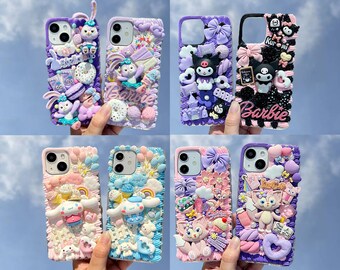 Kawaii 3D Kuromi crèmelijm hoesje met ketting, iPhone 15 14 13 Pro Max, Samsung Z Flip 5 Fold 5 S23 S24 Ultra hoesje, Google Pixel 8 Pro hoesje