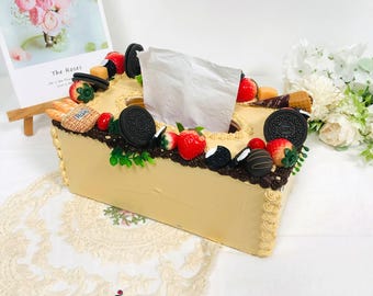 Chocolate cream glue cake tissue box cover,custom fake fruit cake decoration napkin box cake jewelry box,decoden tissue box holdera,gifts
