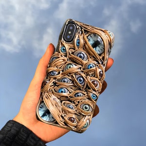 Yeux phosphorescents 3D - Coque de téléphone avec colle crème avec chaîne pour iPhone 16e 16 15 14 13 Plus, Samsung S24 S25 Edge A56, coque Google Pixel 7 8 9 9A
