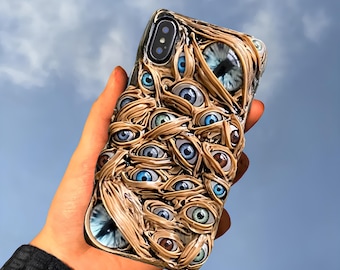 Glow In Dark 3D Eyes Cream Glue Phone Case with Chain for iPhone 17e 16 15 14 13 Pro,Samsung S26 Plus S25 A56 Z Flip8,Google Pixel 8 9 9A 10