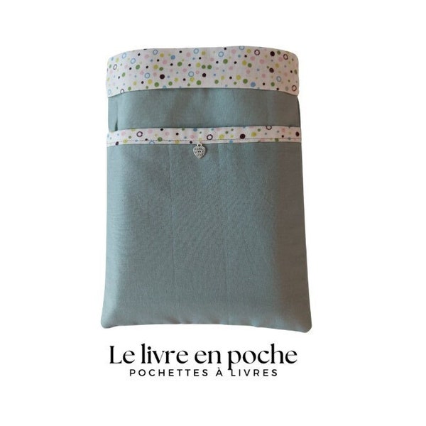 Pochette à livres de POCHES simplicité en vert sauge et pois multicoloris sur fond blanc en tissu