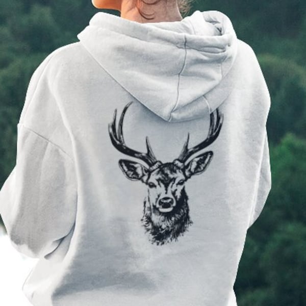 Hirsch Buck Head Back Print Hoodie Pullover Pullover Shirt Geschenk für Jäger Papa Vater Mann ihn Jagd Wald Wildlife Camping Natur rustikal