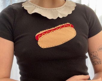 Hotdog Shirt Handmade Patch Black T-shirt with Ruffle Collar,