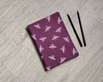 Purple Bees Reusable A5 Notebook Cover - Handmade Eco Stationery