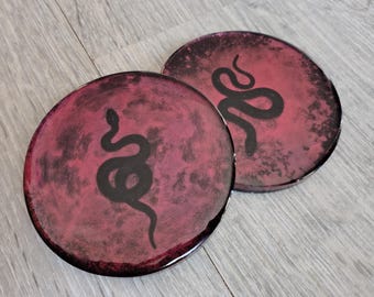 Set of 2 Handmade Resin Coasters - Snakes on Red