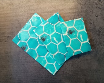 Beeswax Wraps - Turquoise Honeycomb - Set of 3 - Handmade Eco Kitchen Homeware Gift
